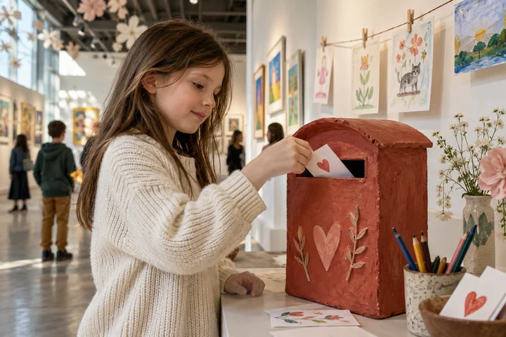 Девочка опускает открытку с нарисованным сердцем в почтовый ящик. Визуализация станции.